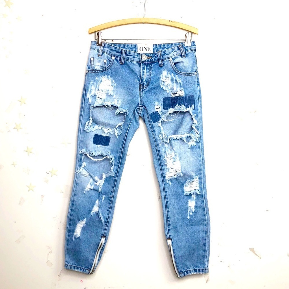 One Teaspoon Blue Distressed Straight Leg Jeans